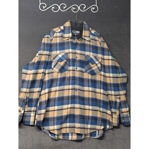 VTG VIP Acrylic Men's Plaid Flannel Shirt Blue Tan 60's 70's Large L